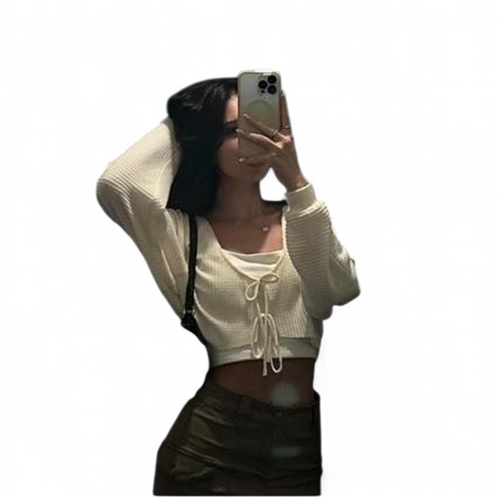 Cream Cropped Sweater with Tie Front